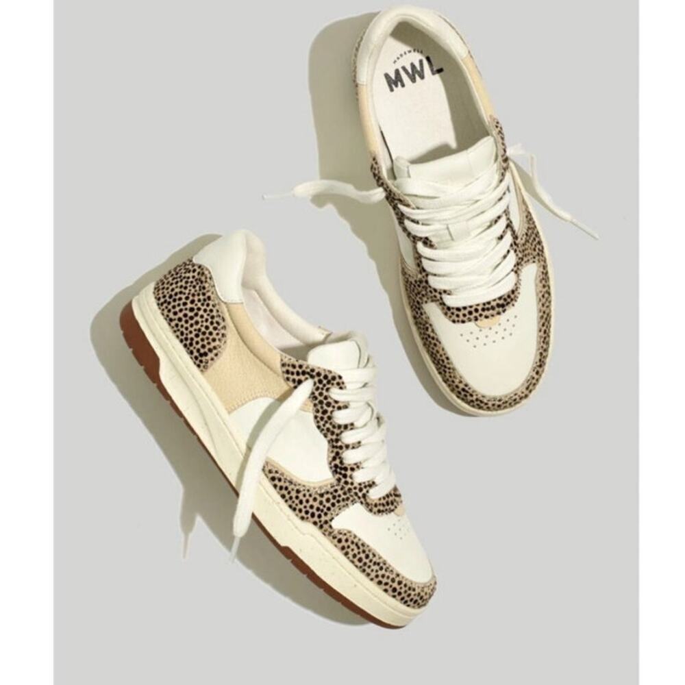 MADEWELL Court Sneakers in White, Tan, and Brown Leather & Calf Hair W’s Sz. 7.5